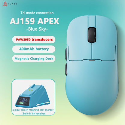 AJAZZ AJ159APEX Wireless Gaming Mouse features PAW3950 sensor with 8K optical resolution, tri-mode wireless connectivity, magnetic charging base, color screen, USB-C interface, and