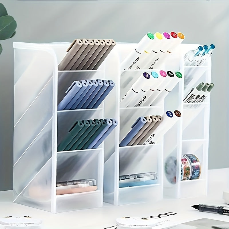 Versatile desk organizer with clear plastic pen holder and frosted slant insert design. Can be used for stationery, pencils, makeup brushes, and lipsticks. Compact and space-saving.