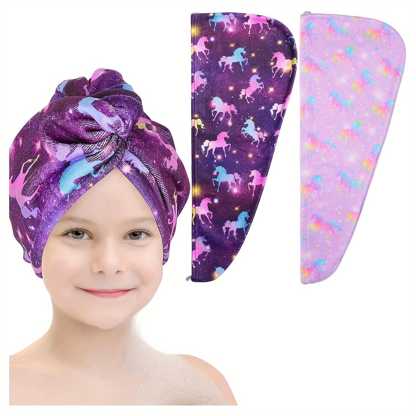 Microfiber cartoon hair towel wrap with button for kids, quick dry cap with cute patterns, absorbent towel for women and girls.