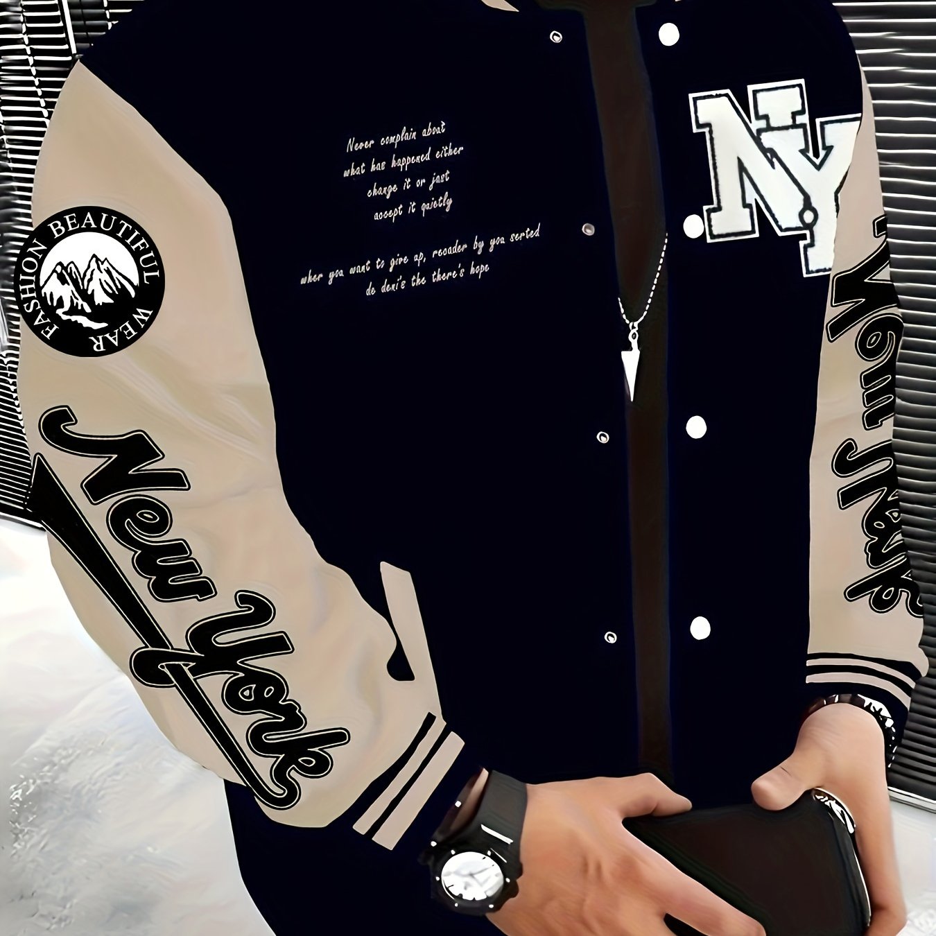 NYC-inspired Varsity Jacket for Men in Black and Beige, Polyester, Snap Closure, Baseball Collar, Machine Washable, PLUS SIZE