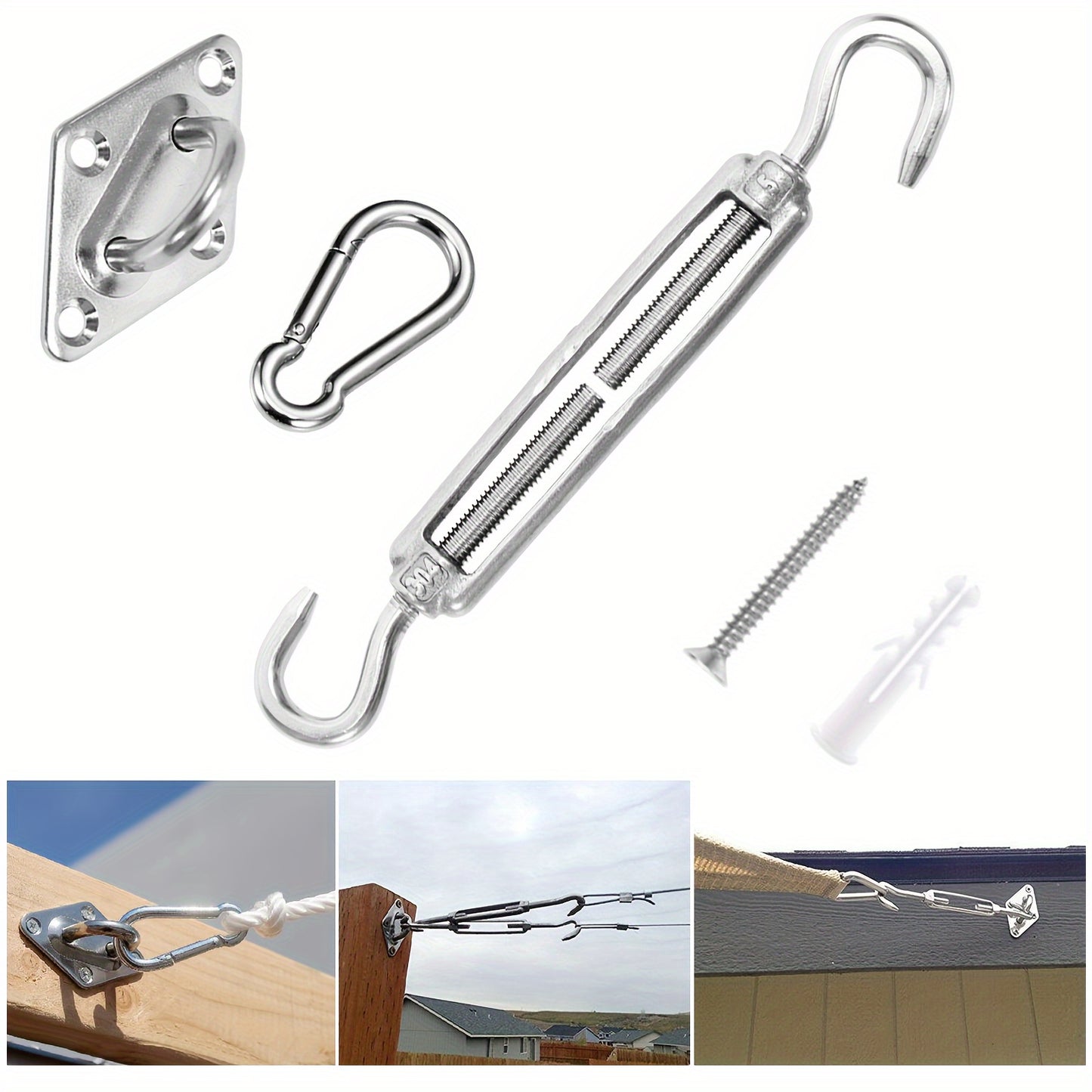 Heavy duty stainless steel hardware kit for attaching sun shade sails to gardens in various shapes and sizes.