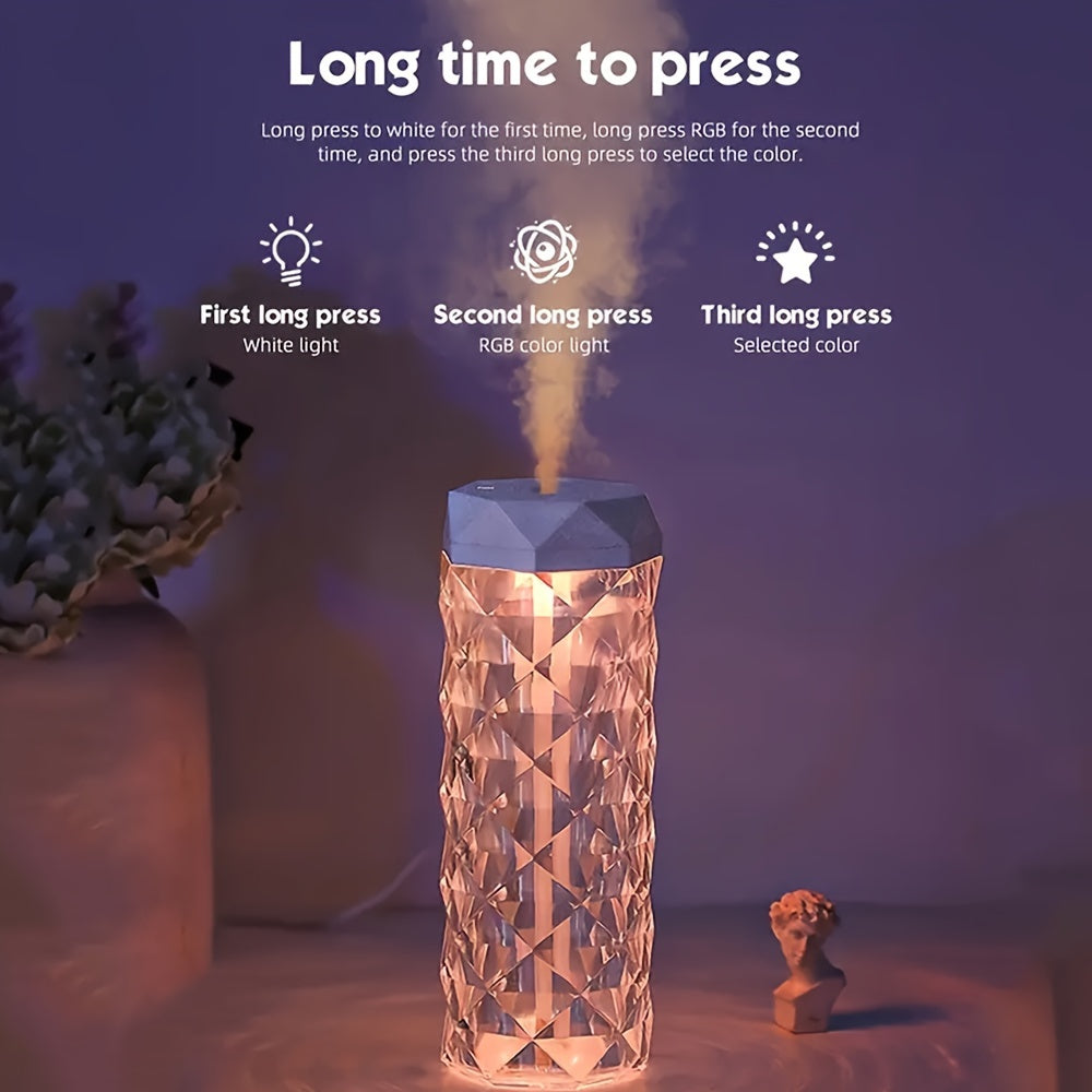 USB-powered night light humidifier & aromatherapy diffuser with stylish geometric design, colorful LED, large capacity, perfect for bedrooms, offices, and classrooms.