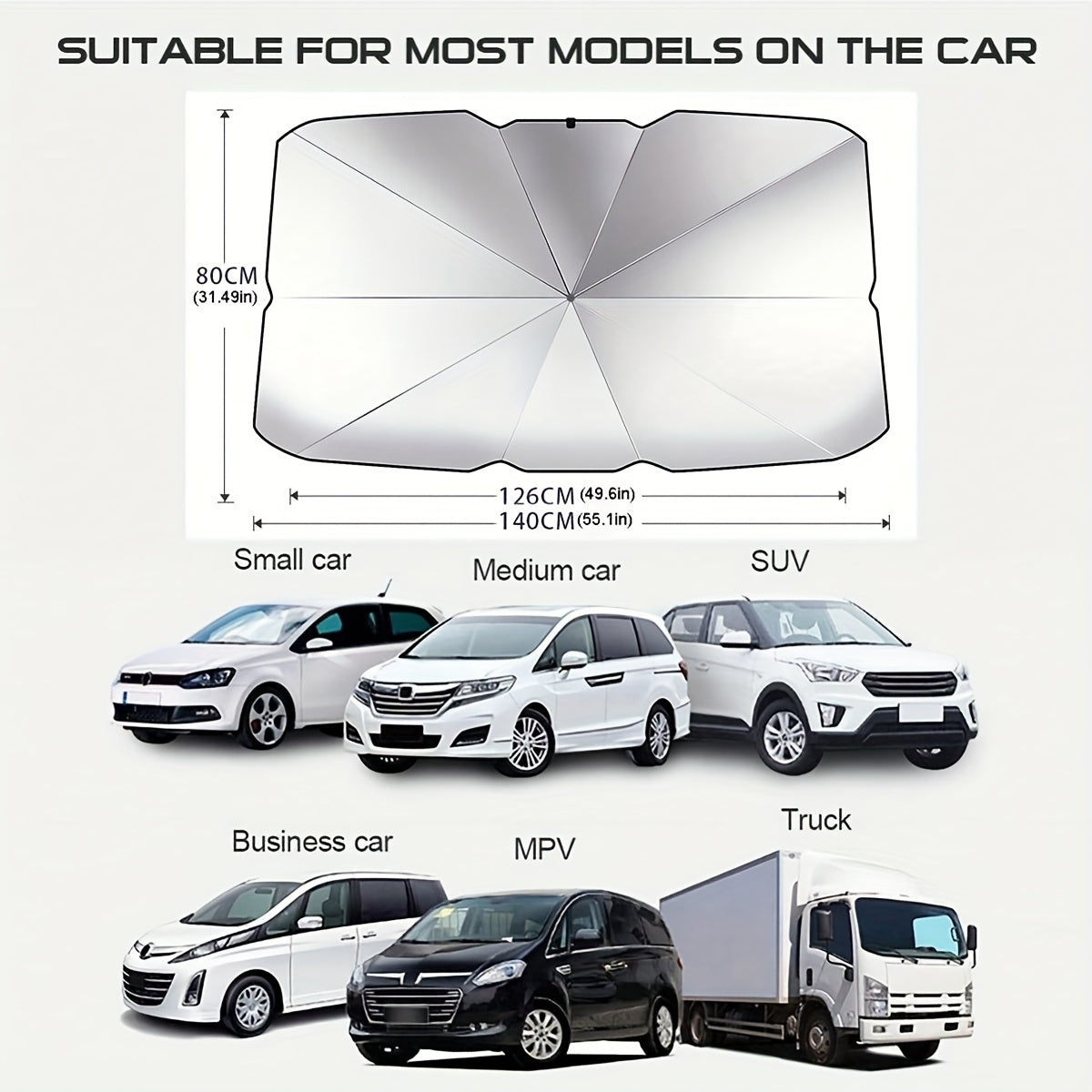 Portable, foldable car windshield sunshade in black, 140*80cm for SUV/Off-Road use to protect your car from the sun.