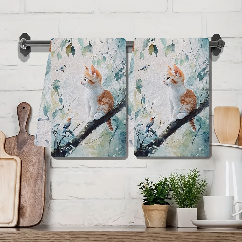 Set of 2 Ultra Soft Kitchen Towels featuring a Charming Kitten & Birds Design. Made of Highly Absorbent Polyester, these Dish Hand Towels are Machine Washable and Ideal for Holiday Decor. Each towel measures 40.64x60.96 cm.