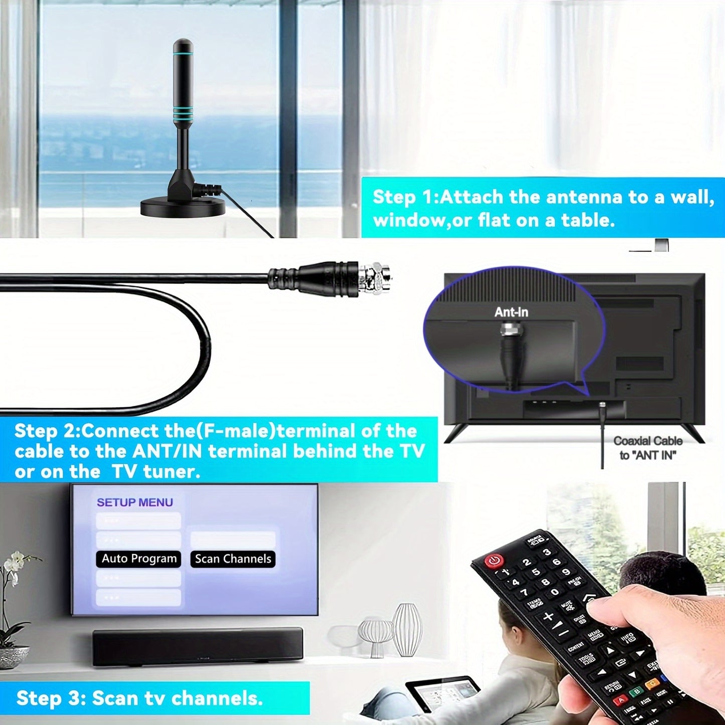 Rakuten's 2024 Model TV Antenna is a USB-powered indoor digital HD antenna for smart and older TVs, compatible with 4K and 1080p resolution, offering free local channels. It does not