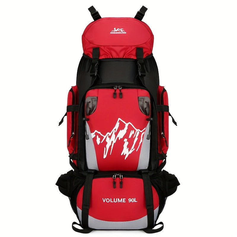 Lightweight, waterproof travel backpack with tablet compartment. Large capacity, durable nylon material with adjustable straps in red and black. Ideal for hiking, camping, and outdoor