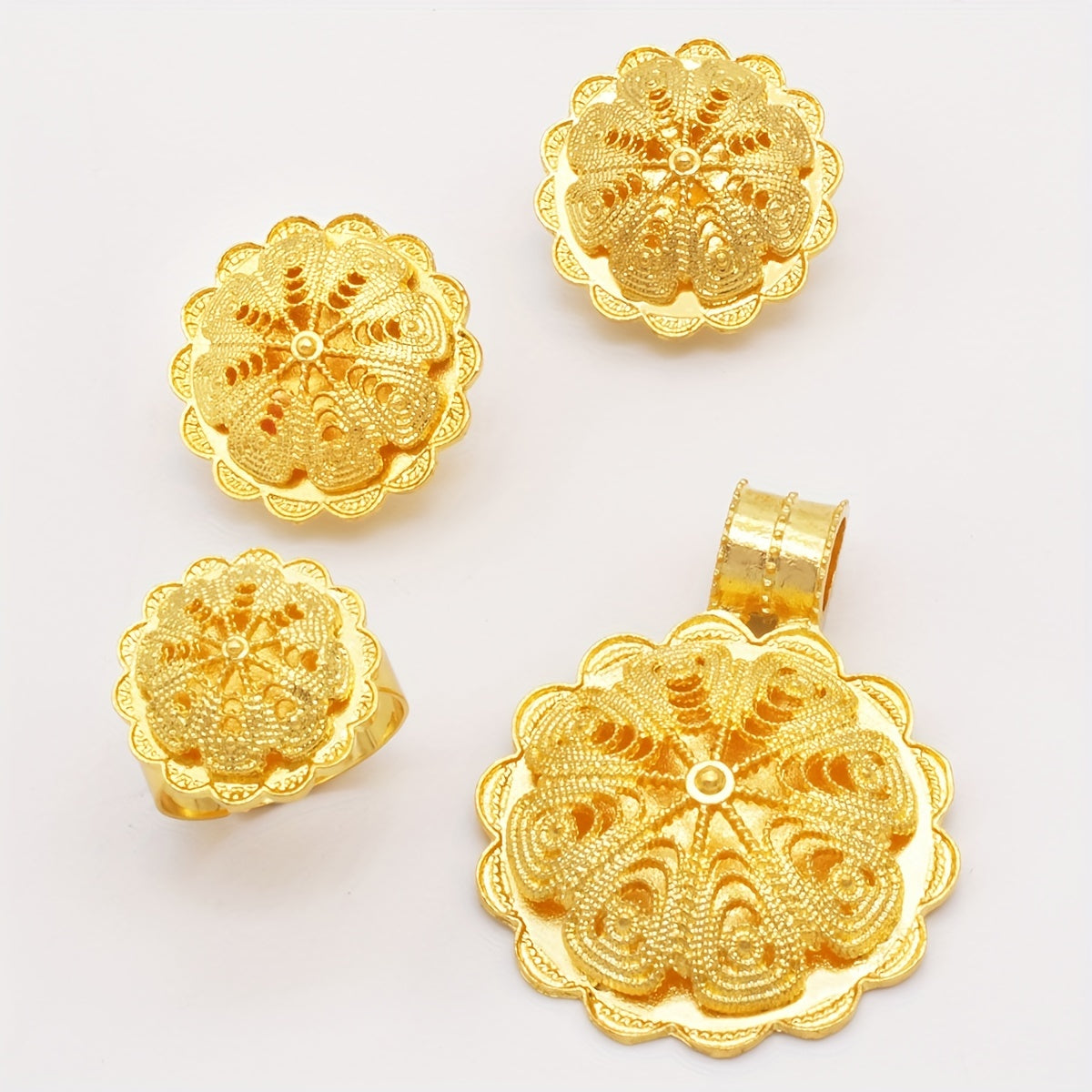 Set of 4 Exaggerated Design Earrings, Necklace, and Ring - Perfect for Daily Outfits or Party Wear, Symbolizing Luck and Fortune