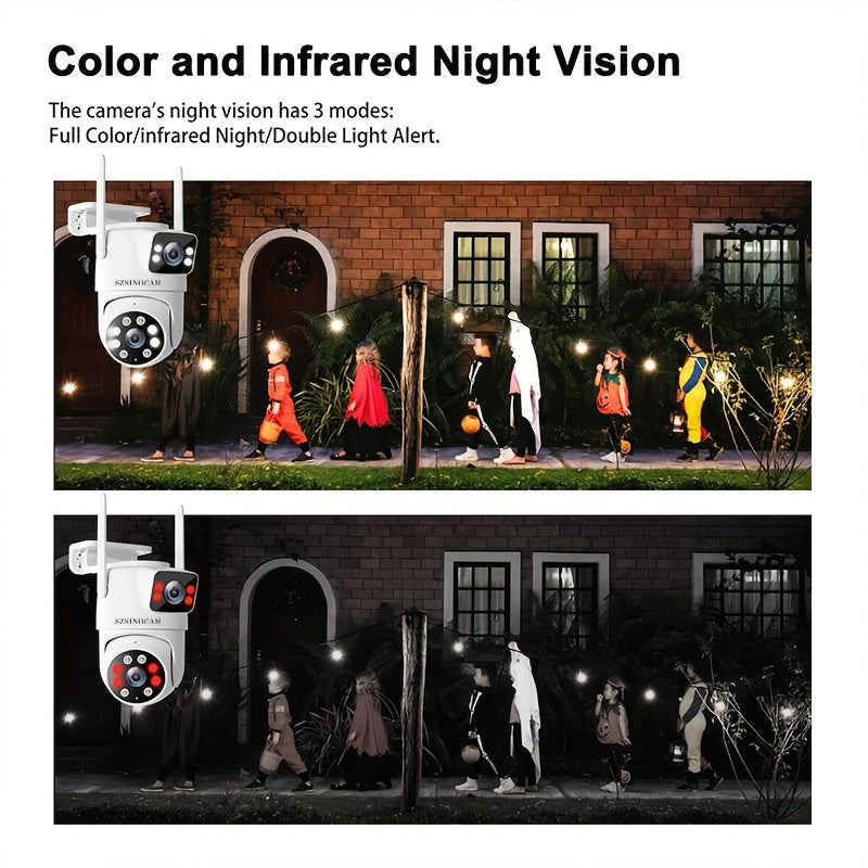 Outdoor Dual Lens WiFi Security Camera with AI Human Tracking, Color Night Vision, Two-Way Audio, and Pan Tilt Rotation. App controlled and USB powered. TF card not included. SZSINOCAM.