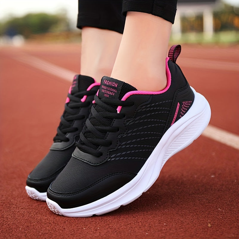 Women's water-resistant fashion sports sneakers with solid color, low top design, lace-up closure, EVA sole, superfine fiber insole, and all-season PU upper for comfort.