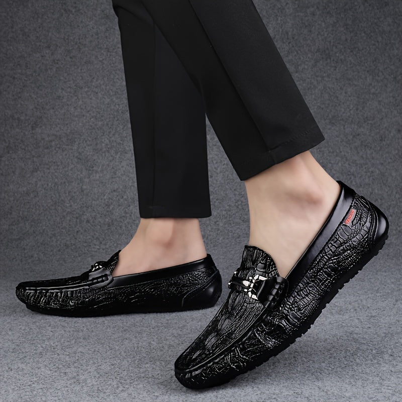 Crocodile pattern loafers for men with slip-on style and PU upper, perfect for various occasions and all seasons.