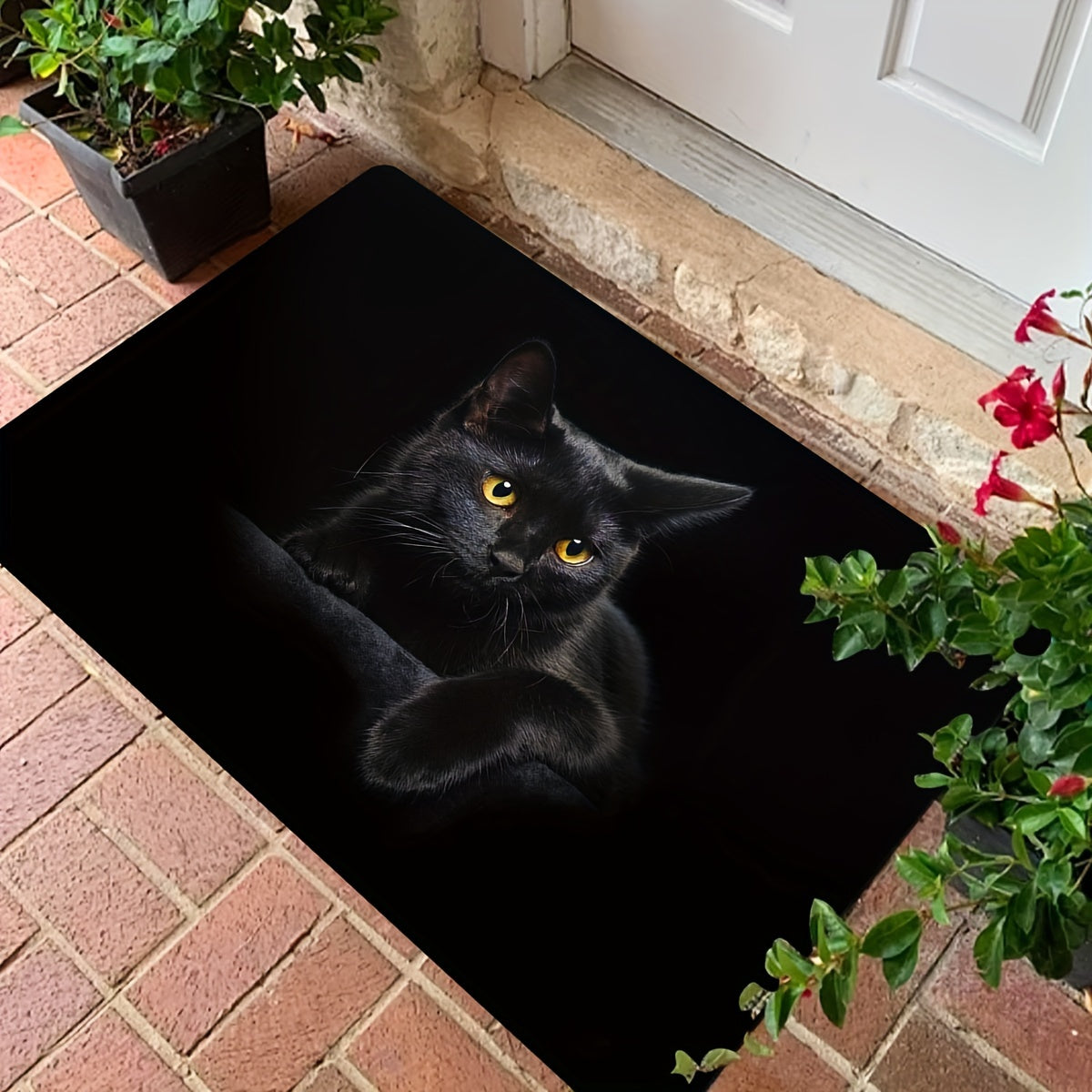 Black Cat Print Door Mat is a versatile and stylish addition to your home decor. Made of anti-slip and anti-fouling polyester rug material, this mat is suitable for both indoor and outdoor use. Perfect for adding a touch of personality to any room in