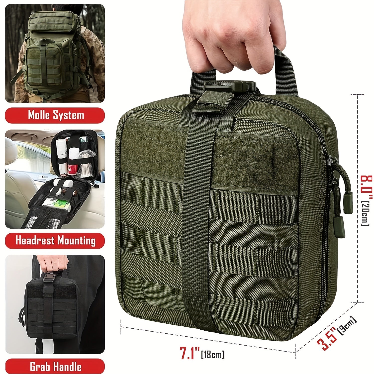 Rugged tactical first aid kit with quick release EMT pouch and MOLLE system in durable nylon bag for outdoor survival, green.