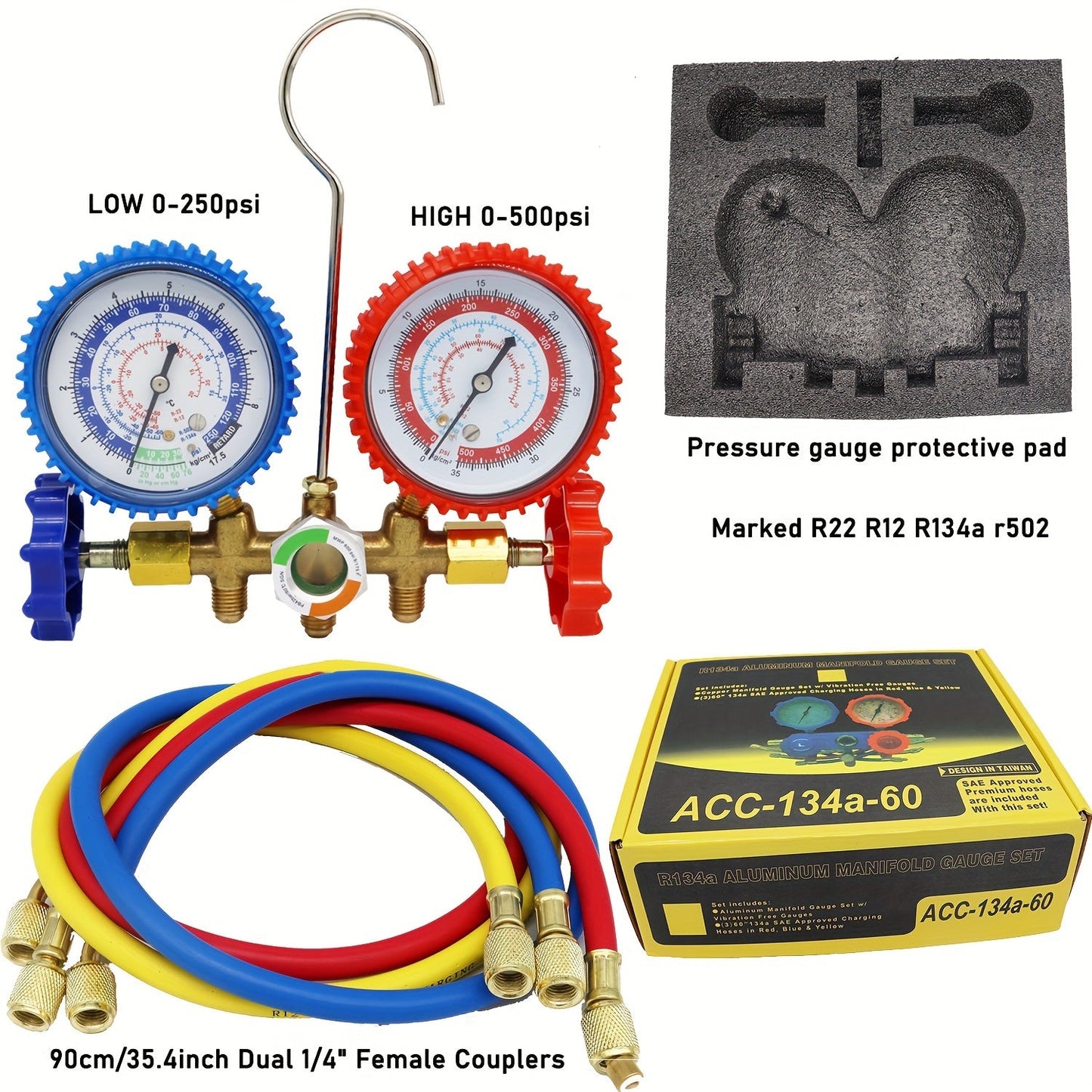 Car AC Dual-Gauge Refrigerant Pressure Tester Set - Made of Long-lasting Plastic and Metal, Does Not Require Power - Perfect for R22, R502, R404A, and R134A refrigerants