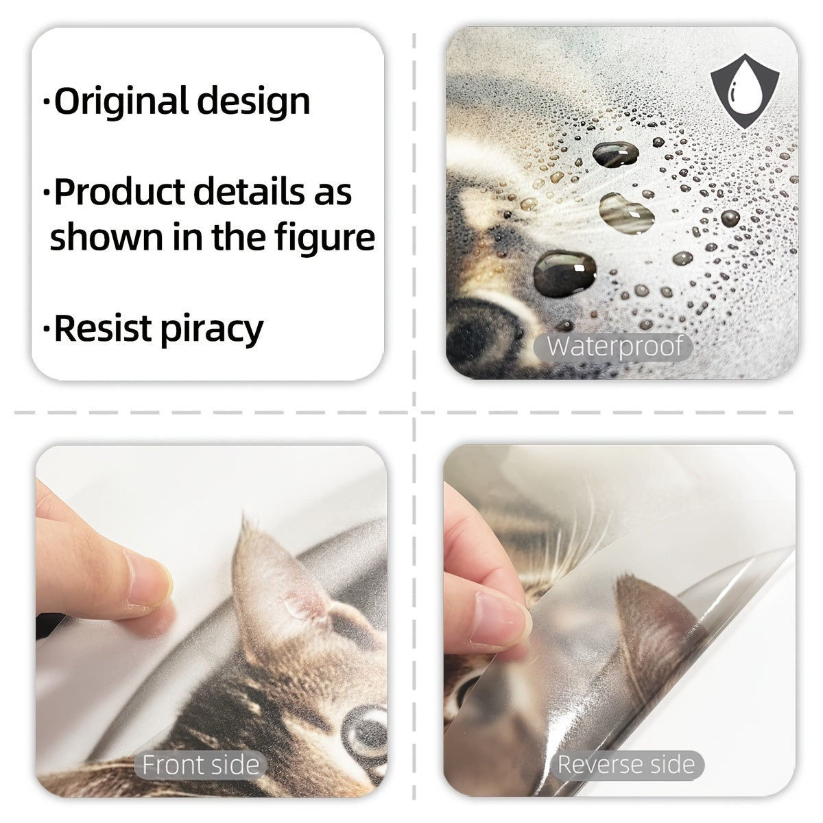 3D cat toilet lid decal with animal print, self-adhesive PVC, plastic surface, for bathroom decoration.