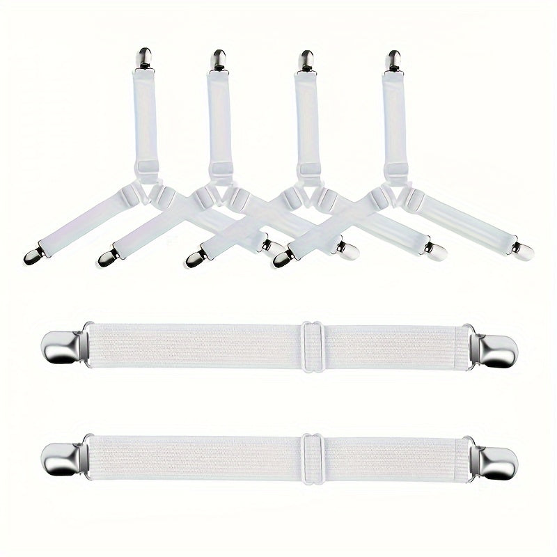 Sheet Holding Straps Set - includes 5 pieces for a secure fit: 1 Straight Strap for the middle of the sheet and 4 Triangle Elastic Clips for the corners. Easily adjustable with metal clips to keep your fitted sheet in place and prevent it from coming off