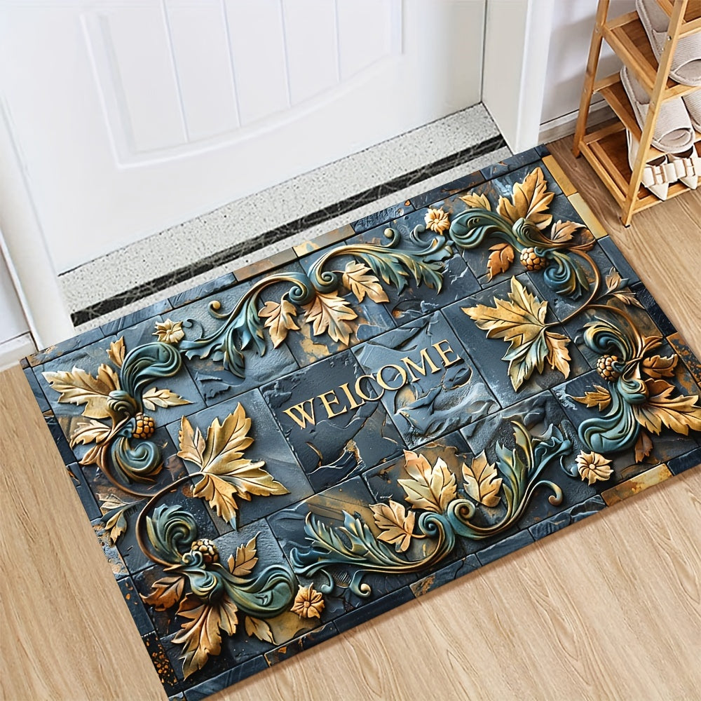 Introducing the 3D Realistic Stone Pattern Mat with Plant Relief, crafted with a 6mm thick layer of 100% polyester material. This luxurious mat boasts a plastic dot bottom and finely locked edges, weighing 800 grams per square meter. Its slip-resistant