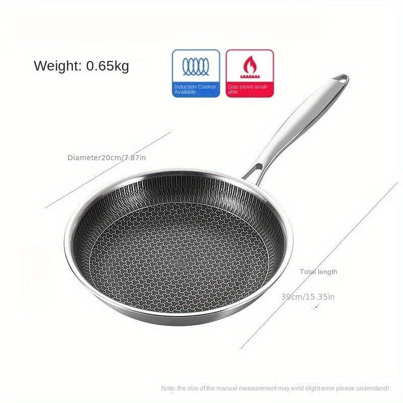 This skillet is made of top-quality 304 stainless steel and features a triple-layer, thickened, non-stick honeycomb design, perfect for cooking eggs and steaks with ease. It is ideal for both home kitchen and restaurant use.