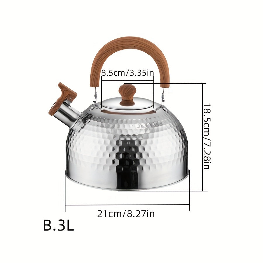 An outdoor-friendly stainless steel kettle with a hammered texture and a whistling spout, ideal for boiling water in the backyard to make tea or coffee.