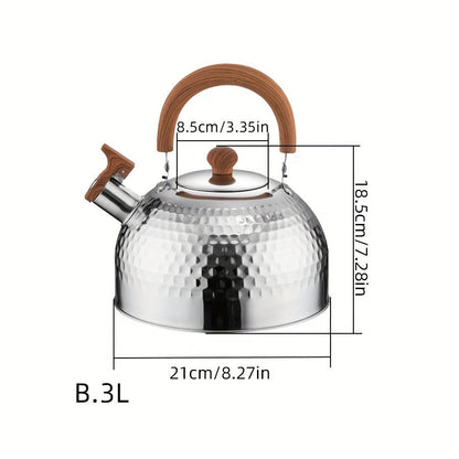 An outdoor-friendly stainless steel kettle with a hammered texture and a whistling spout, ideal for boiling water in the backyard to make tea or coffee.