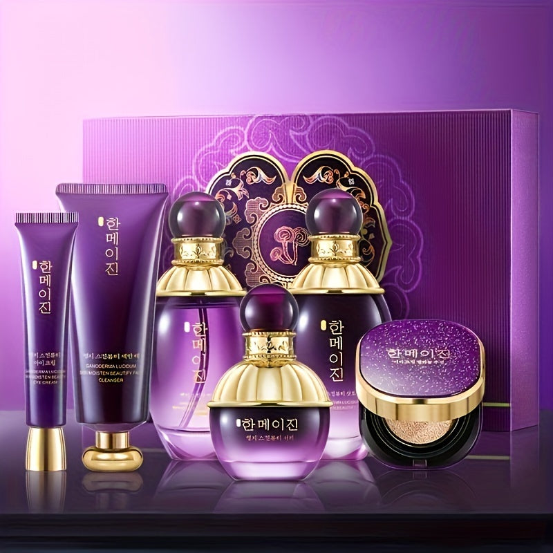 6pc Korean and American Purple Ganoderma Lucjson Beauty Set for hydrating and moisturizing skin, ideal as a gift for mothers and girlfriends on Valentine's Day.