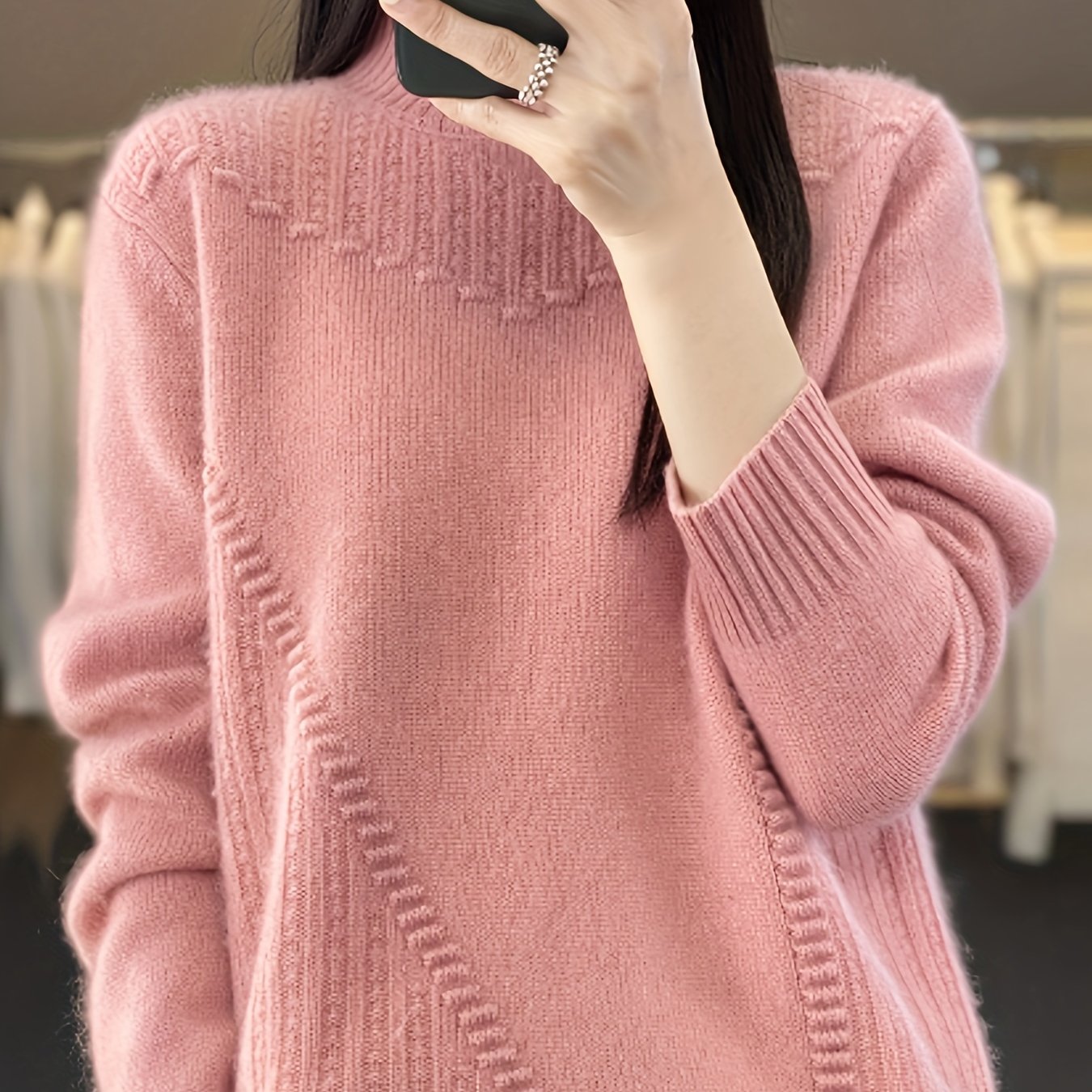 Elegant plus size mock neck sweater for women, perfect for spring/autumn. Machine washable with casual knit style.