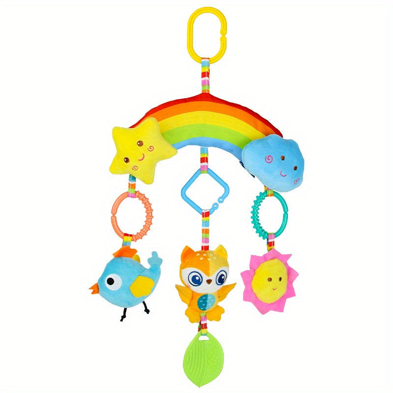 Cute Rainbow Hanging Toy for Babies - Gentle Rattle & Soft Animal Charm for Strollers, Car Seats & Cribs - Ideal Birthday Present for Infants up to 12 Months