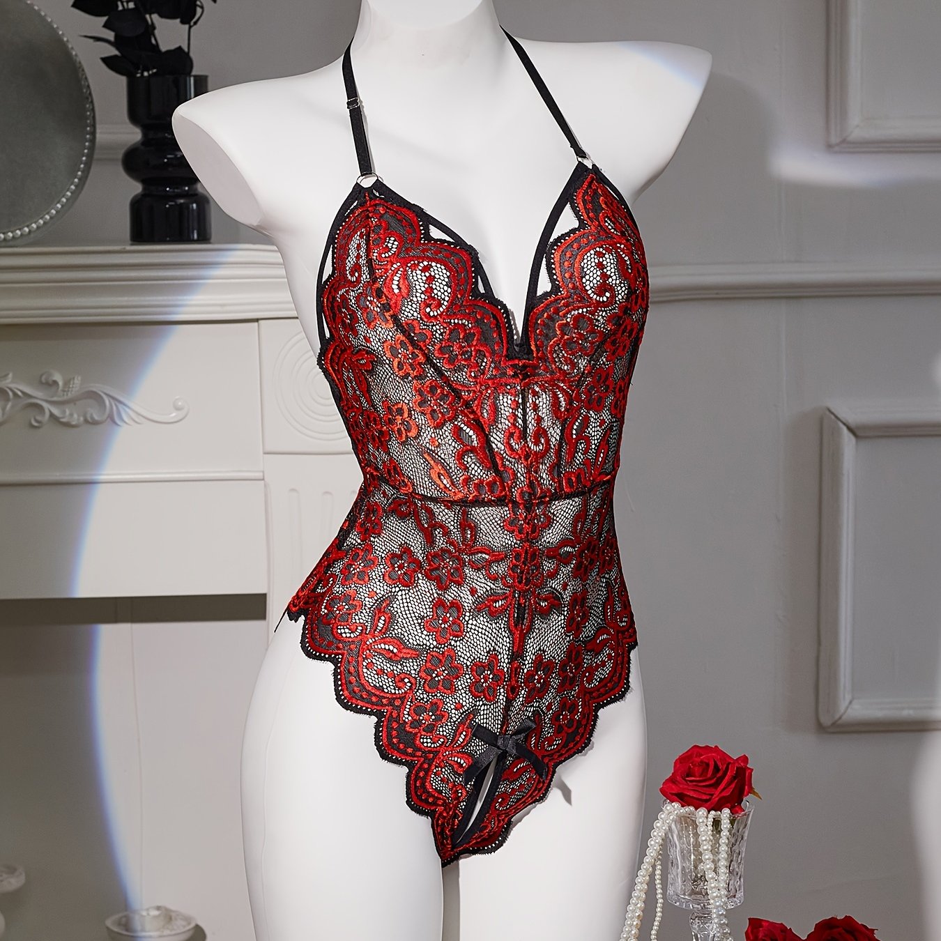 Red and black lace velvet halter teddy with scalloped edges and adjustable straps - Elegant backless bodysuit for women, low support, hand wash only.