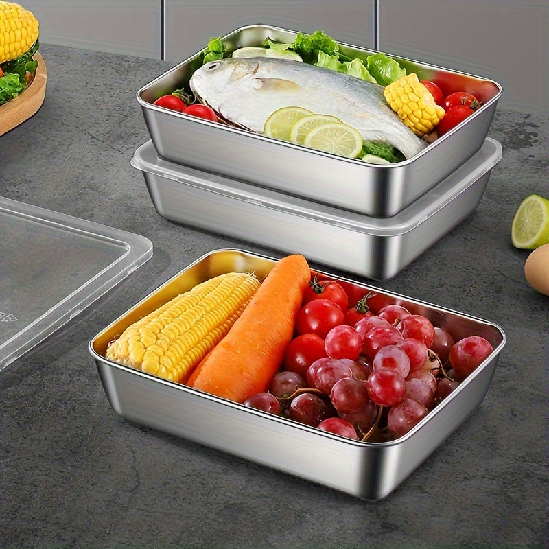 Set of 5 Stainless Steel Food Storage Containers with Sealed Lids, Stackable Design, Microwave and Freezer Safe, Square Shape for Salad, Fruits, and Meal Prep, Ideal for Kitchen Organization and Refrigerator Freshness.