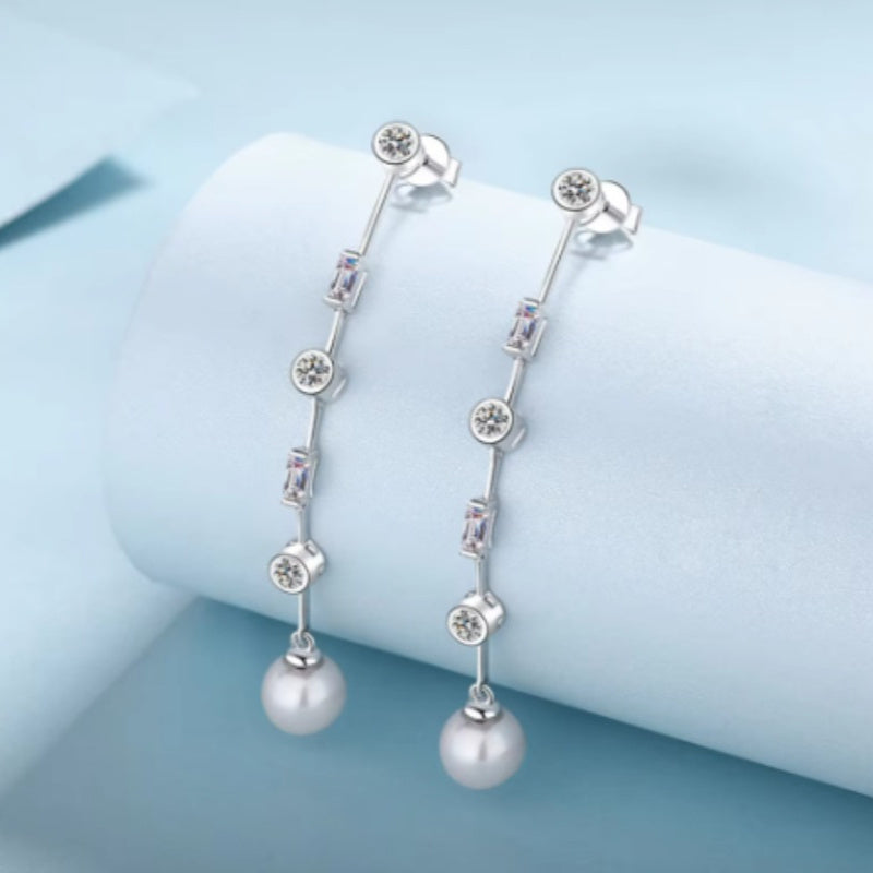 New Silvery 1Pair of Glamorous Accessory Long Earrings made from 4.9g of S925 Sterling Silver, featuring Elegant Freshwater Pearl Drops for Women, perfect for Parties and Banquets.