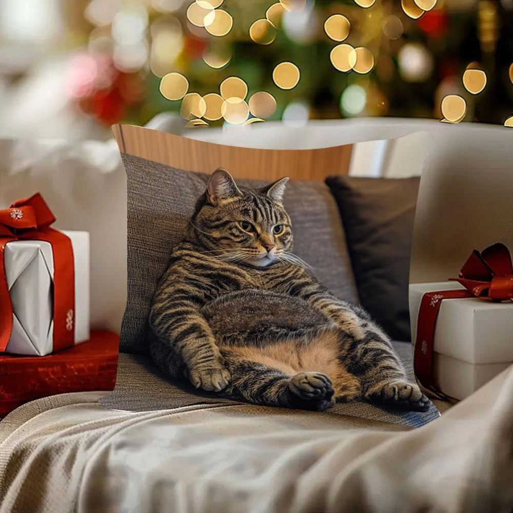 Whimsy Winter Fat Cat Pillow Case - Double-Sided Polyester Fiber Cushion Cover for Christmas Sofa, Festive Home Party Decor. Does not include insert.