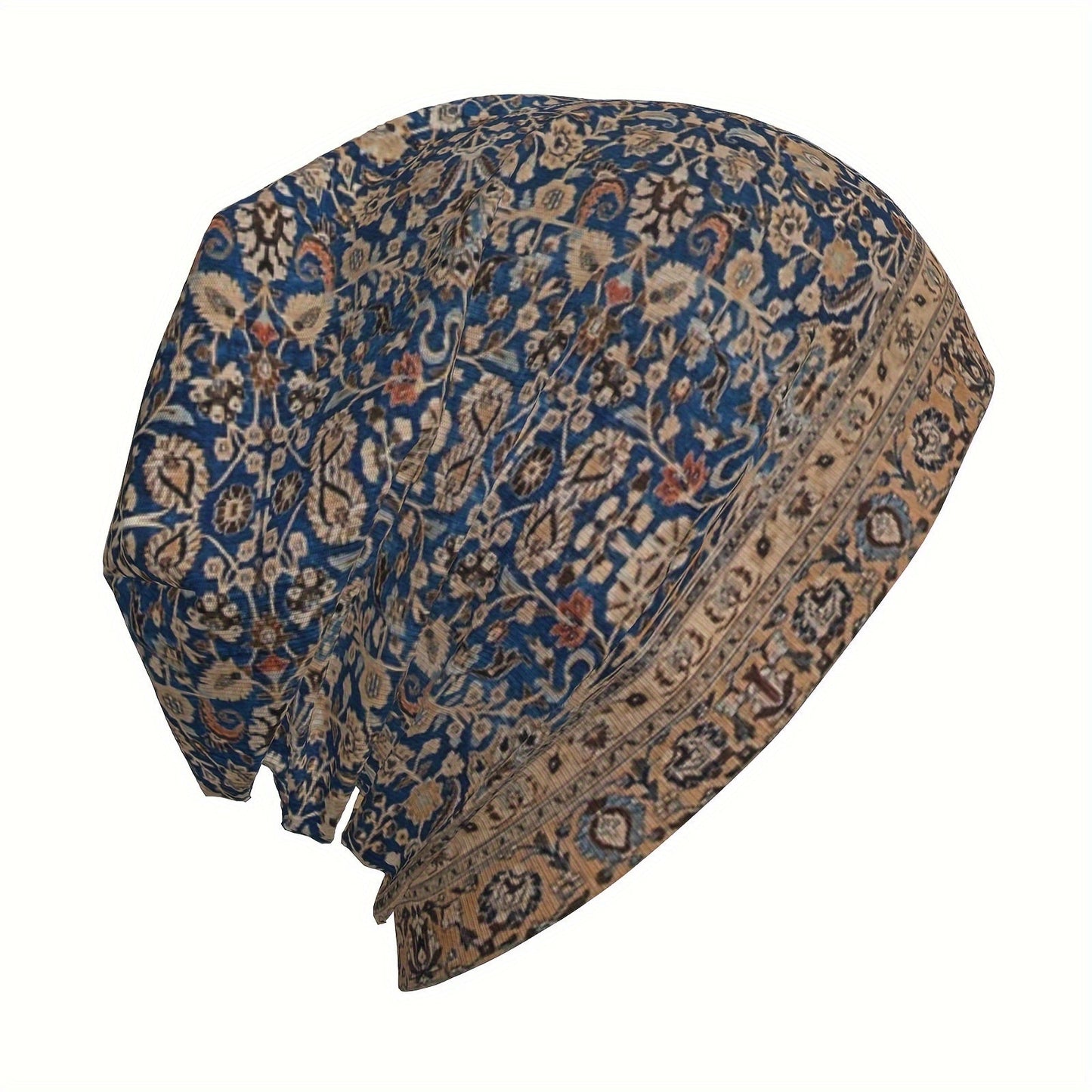 Beanie Inspired by Antique Tabriz Persian Rug, Boho-Chic Style - Soft, Stretchy Skull Cap for Men & Women, Machine Washable with Floral Print