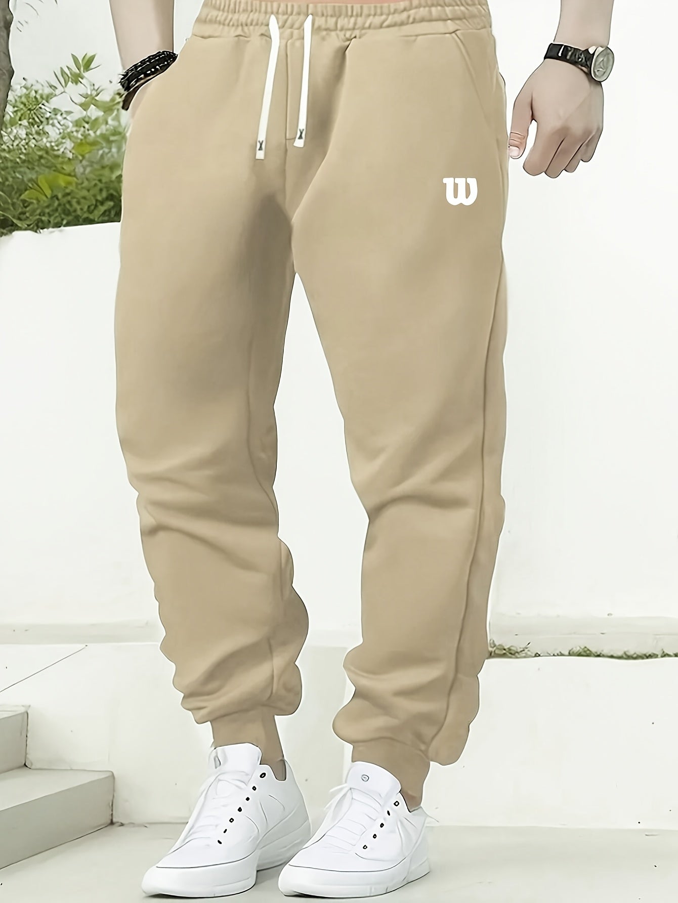 Men's plus size fleece-lined joggers with letter W print - cozy, stretchy athletic sweatpants for fall/winter.