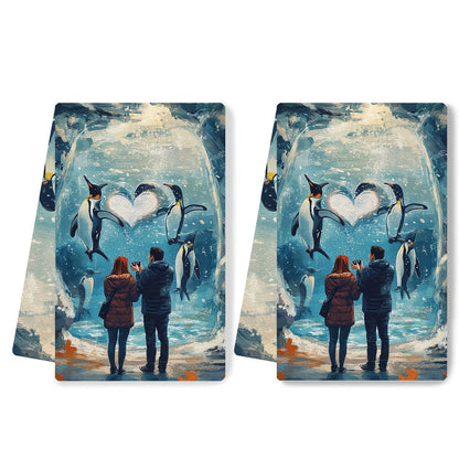 These ultra-soft kitchen towels showcase an adorable illustration of a couple having a great time at the zoo, admiring cute animals. Their favorite spot is by the penguin exhibit, where the penguins are swimming in a heart formation. The couple can't