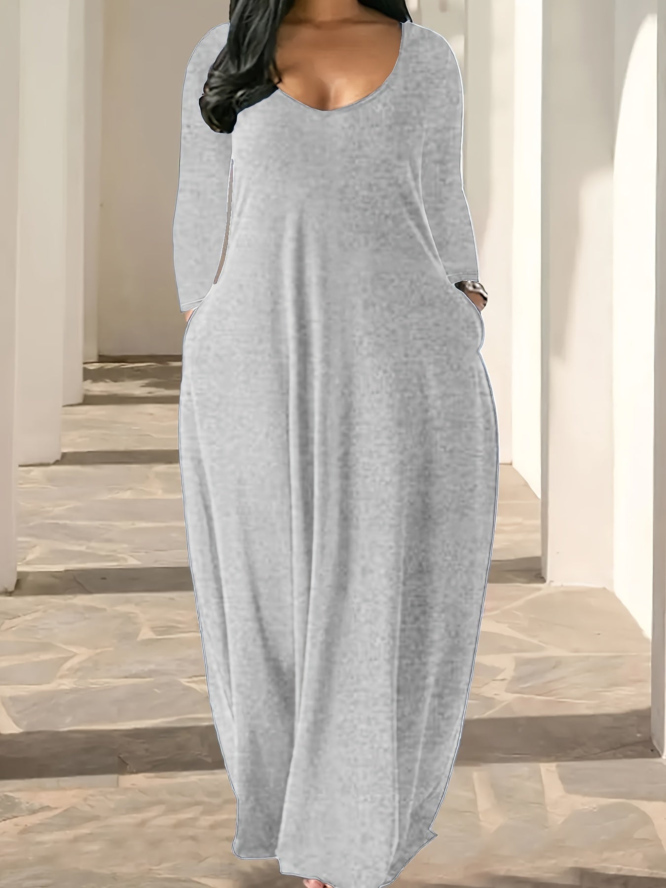 Plus Size Solid Color Maxi Dress with V Neck, Long Sleeves, Pocket.