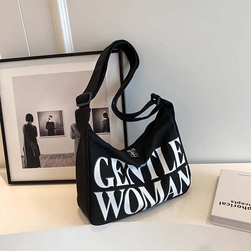 Chic letter print tote bag with zipper closure, suitable for casual work and class. Single strap design with polyester lining in black and white.