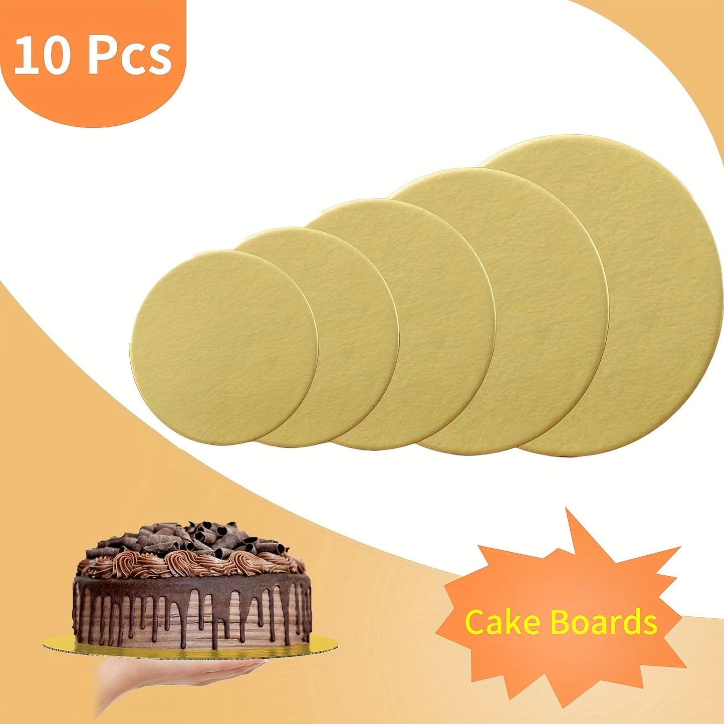 10 pieces of Golden Cake Boards, Circular Disposable Cake Base with Grease-Proof and Food-Grade Surface. Ideal for New Year's, Wedding, Birthday Parties, as well as Cake, Dessert, Pizza decorating and exhibitions.