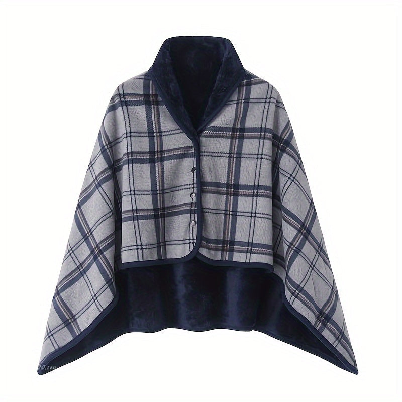 One piece versatile shawl blanket featuring a double layer of thick, plaid patterned polar fleece ideal for autumn and winter. Perfect for office use, this wearable blanket with legs is great for lounging on the couch or sofa.