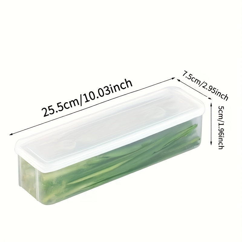 Durable two-part plastic container keeps vegetables fresh in the refrigerator without batteries. Ideal for storing items like coriander, green onions, mint, and more.