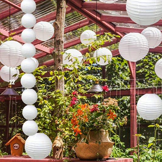 32 assorted white paper lanterns for various occasions like weddings, gardens, restaurants, parties, and holidays.