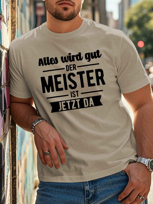 Dark gray crew neck T-shirt for plus-sized men, with funny German quote. Made of 100% polyester, ideal for summer wear and machine washable.