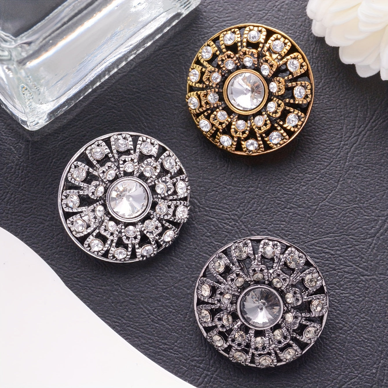 Set of 5 Vintage Round Rhinestone Buttons - Stylish Hollow Design for Sweaters, Blazers, Coats, and DIY Fashion Projects