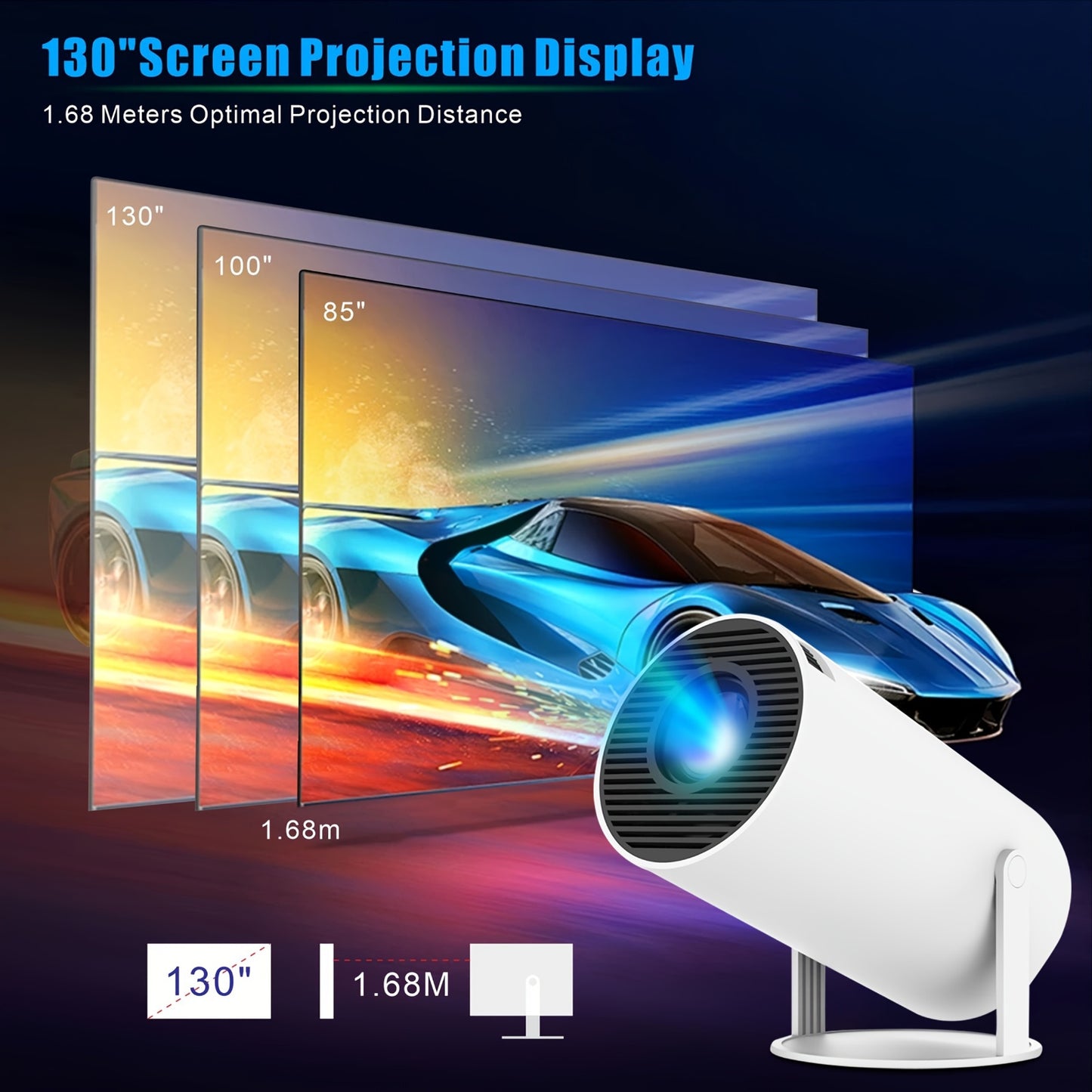 HY300 Pro Portable Projector with Android 11, 200 ANSI, Wireless 5.0, Native 720P resolution.