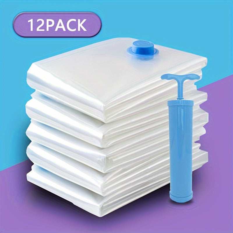 Space Saver Vacuum Storage Bags - Set of 12 with Pump, Rectangular Plastic Design with Zipper Closure, Electricity-Free Operation, Perfect for Organizing Clothes, Blankets, and Shirts at Home or While Traveling, Convenient Storage Solution for Bags