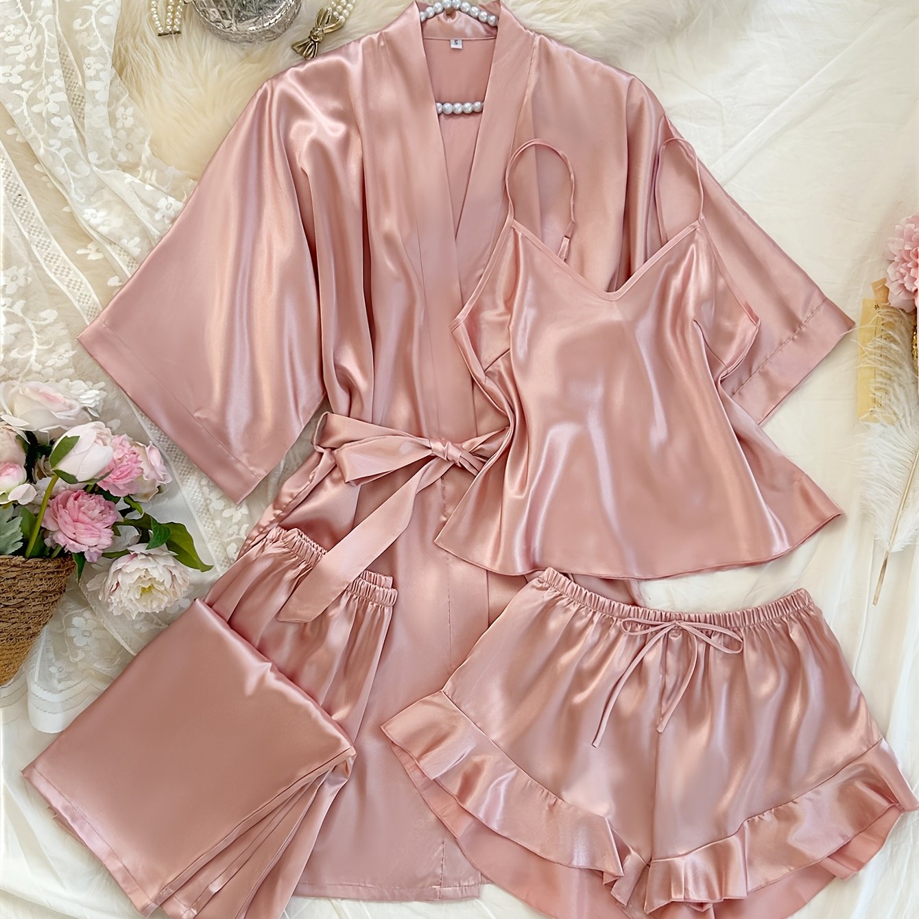 Satin 4-piece sleepwear set for women includes V-neck robe, top, shorts, and long pants in solid color. Made from 100% polyester, suitable for all seasons.