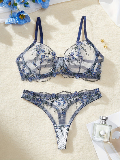 Flower design lingerie set with semi-sheer mesh bra and thong for sexy underwear