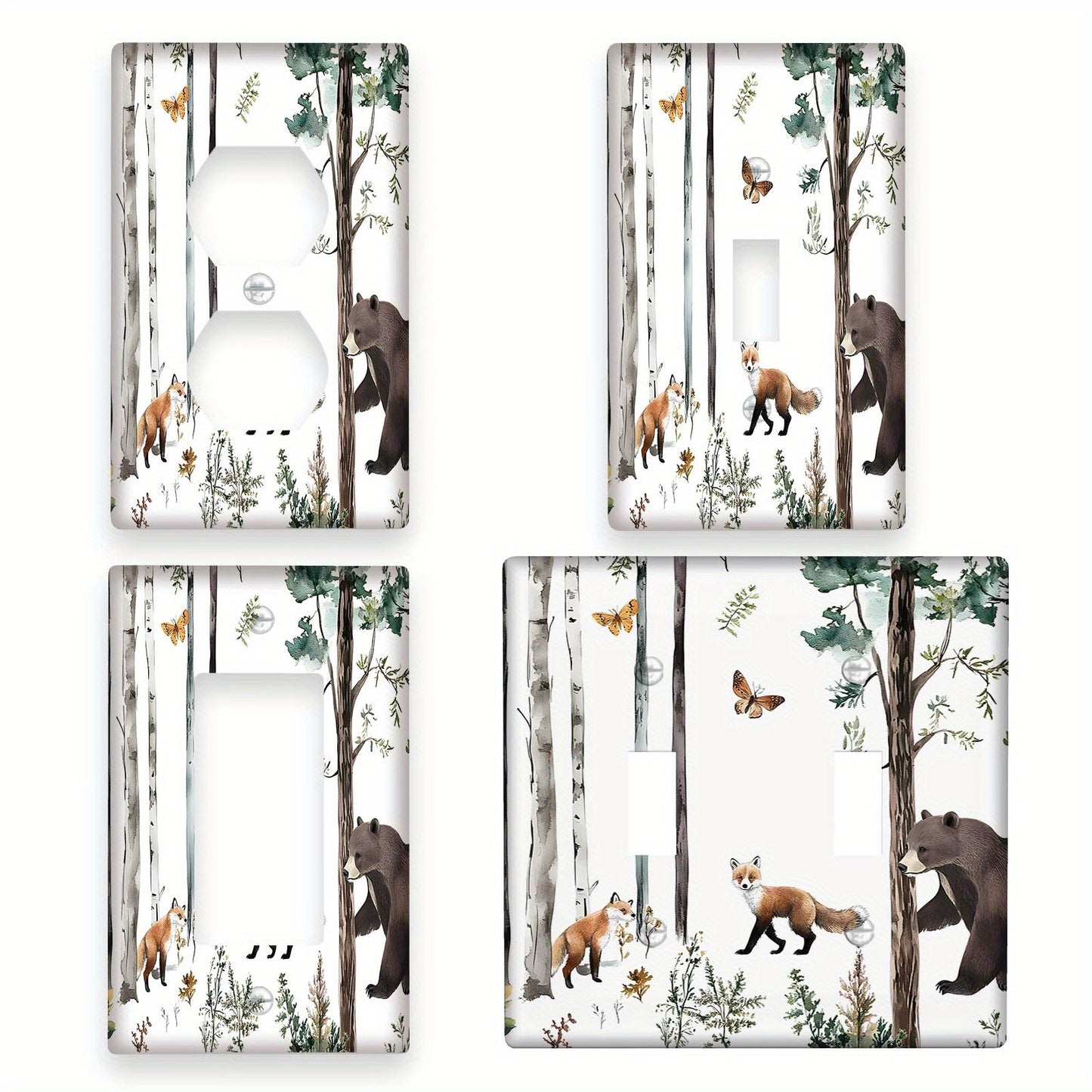 Forest wildlife animal themed light switch cover, featuring moose, deer, fox, and bear. No battery needed. Perfect for home decor in bedrooms, kitchens, and rooms. Available in 1-gang or 2-gang sizes.