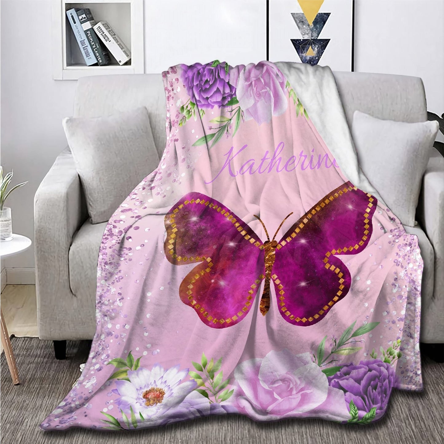 Personalized Butterfly and Floral Print Flannel Blanket - Perfect for Birthdays, Holidays, and Outdoor Adventures! Hypoallergenic, Machine Washable, and Cozy for All Seasons - Use in Couch, Office, or for Pets!