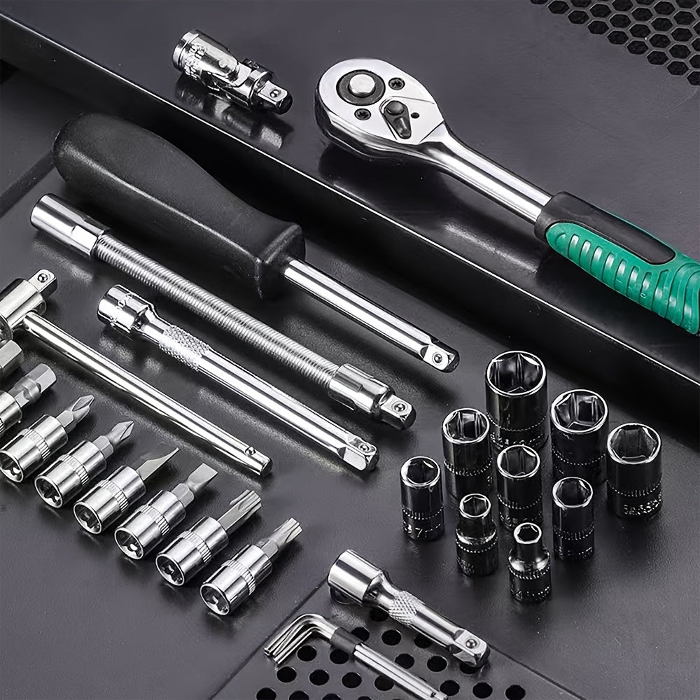 High-end Professional 53&46pcs 1/4 inch Drive Tool Set for automotive and home repair, includes ratchet wrench, metric sleeves, and extension bar with storage box.