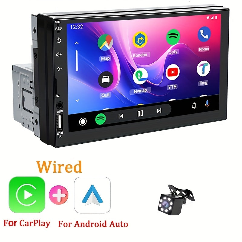 HIPPCRON Single DIN Car MP5 Multimedia Player with 17.78cm HD touch screen, wired CarPlay and AndroidAuto support, Radio Box at bottom, MirrorLink and wireless connection for navigation and