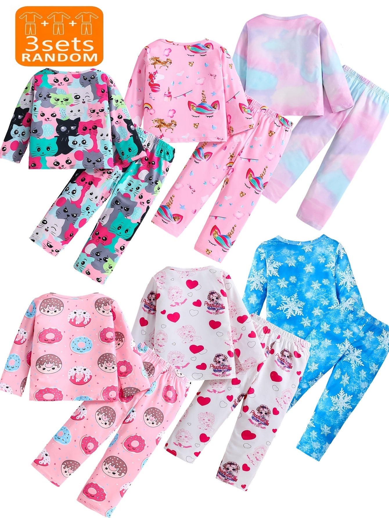 3-pack girls' flame resistant pajama sets with long sleeve crew neck featuring cartoon patterns. Designs include princess, unicorn, and donut cat. Made of polyester spandex for comfortable